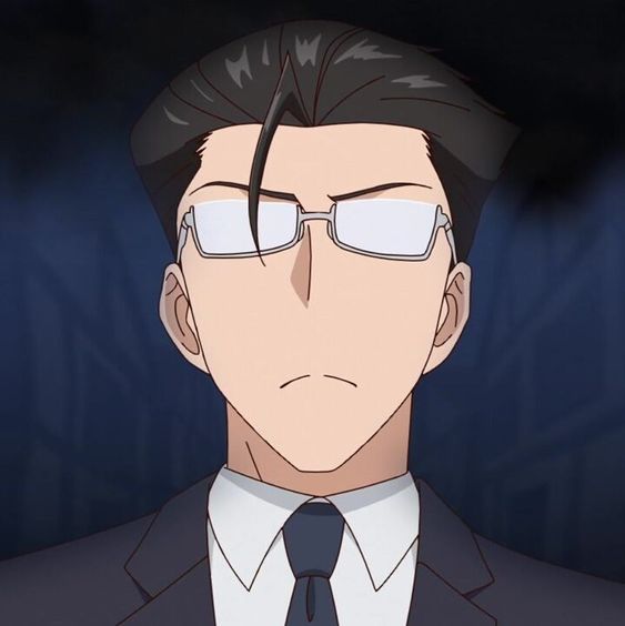 this is an animestyle illustration of a man with slickedback black hair, wearing glasses, a black suit, and a blue tie. he has a serious expression on his face. the background is dark.