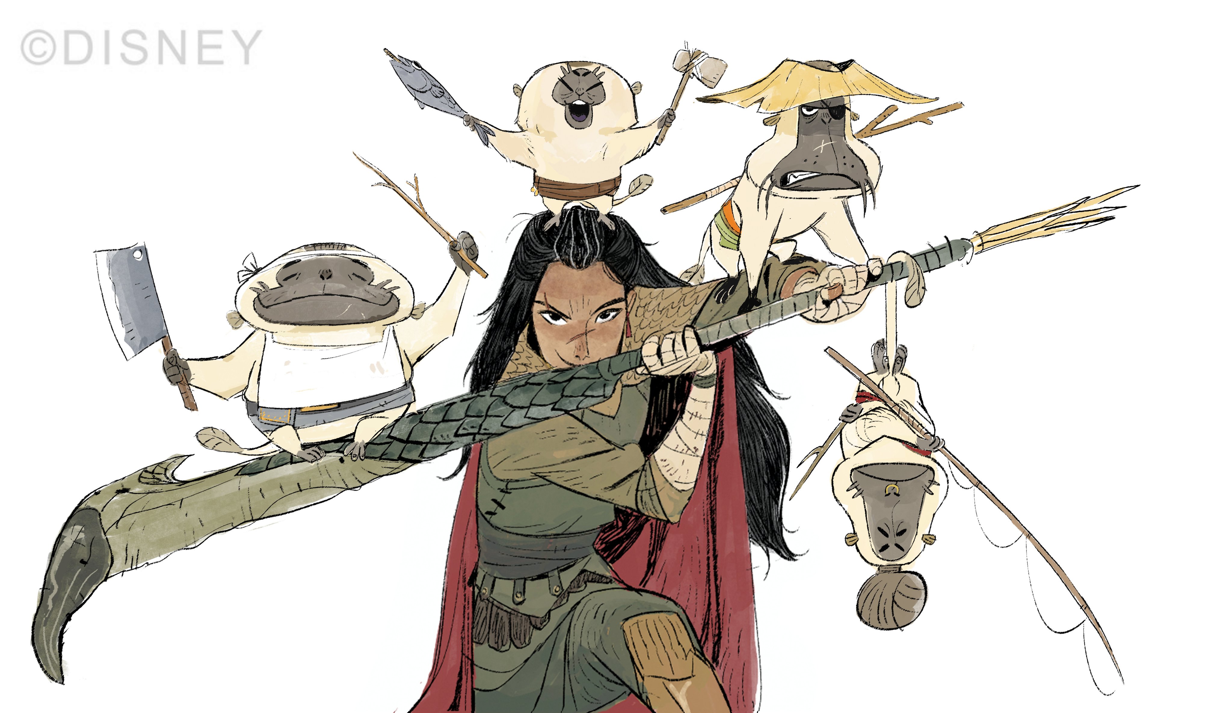 a warrior woman stands in the center of the image holding a sword, with 4 monkeys surrounding her. the warrior woman has dark hair and eyes, wears a red cape, a green shirt, and a brown belt with an ornate buckle. she has an intense look on her face and is holding the sword with both hands.  the monkeys are all cartoonish and are wearing clothes. they are in various poses,  looking angry and ready to fight. the warrior woman is in the middle of the image, while the monkeys are scattered around her. the image is filled with energy and action, with a focus on the warrior woman's strength and determination. the image is drawn in a style that is reminiscent of anime or manga, with bold lines and vibrant colors. it looks like the image might be a scene from a comic book or graphic novel, highlighting the intense action and fantasy elements. the style of the drawing suggests that the image is meant to be humorous, but also highlights the intensity of the battle.