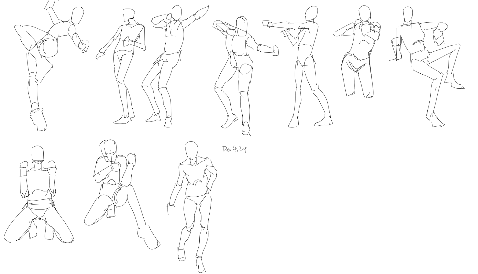 the image contains a collection of quick, gestural figure drawings.  the style is loose and expressive, focusing on capturing movement and posture rather than precise anatomical detail. the figures are depicted in various dynamic poses, some suggestive of athletic actions or martial arts.  there are a range of poses, including jumping, striking, crouching, and standing. the drawings are all done in black pen or pencil, with minimal line work. the date "dec 4, 24" is written in the center of the page.