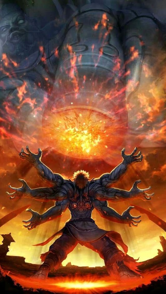 this digital art piece depicts a powerful and fiery deity standing against a backdrop of blazing destruction. it features a central figure with multiple arms, radiating an intense energy that engulfs the surrounding environment. the creature's visage is obscured by flames and radiating energy, creating a sense of awe and intimidation. the art showcases a chaotic scene of destruction, with the fire engulfing the landscape and the divine being at its center. the use of intense colors and dramatic lighting creates a dynamic and powerful visual experience. the image evokes themes of power, destruction, and the unpredictable nature of divine forces.
