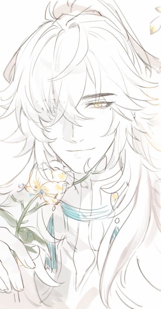 this is an anime sketch of a young man with long, white hair and a gentle smile. he is holding a flower in his hand, and the image is very delicate and soft. it is a drawing with a light outline.