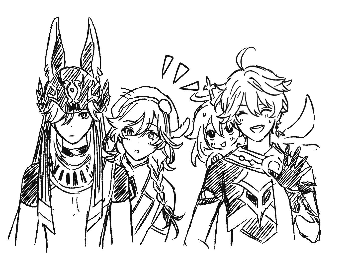 a black and white sketch of three anime characters. the character on the left is a girl with long black hair and a mask with rabbit ears. the character in the center is a girl with long blonde hair wearing a loose shirt. the character on the right is a boy with long white hair wearing a long sleeve shirt and a white scarf. the boy is smiling and holding the center girl on his back. the center girl has her arms around the boy's neck. the girl on the left looks surprised. the background is white.