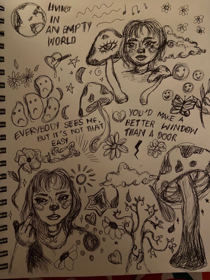 he image is a page from a sketchbook filled with a chaotic yet artistic collection of doodles and drawings. the style is heavily influenced by psychedelic and surreal art, featuring several whimsical elements like mushrooms, flowers, a girl’s face, and other abstract shapes. the central focus seems to be a girl’s face which is sketched in a somewhat emotive manner.  there are also handwritten lyrics or a poem which adds to the overall emotional tone. the overall feel is one of expressive chaos and introspection.  the entire page is done in black ink, creating a monochromatic and visually engaging piece.