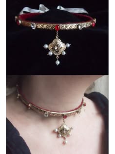 two images of a woman wearing a beautiful gold necklace with red ruby embellishments, pearl accents and a delicate gold pendant. in the first image, the necklace is seen on a dark surface with a red velvet fabric underneath.  in the second image, the woman is wearing the necklace as a choker and the focus is on the necklace, with a small portion of her neck, shoulder, and black shirt visible.  the necklace appears to be crafted with care and detail, making it a truly special piece of jewelry.