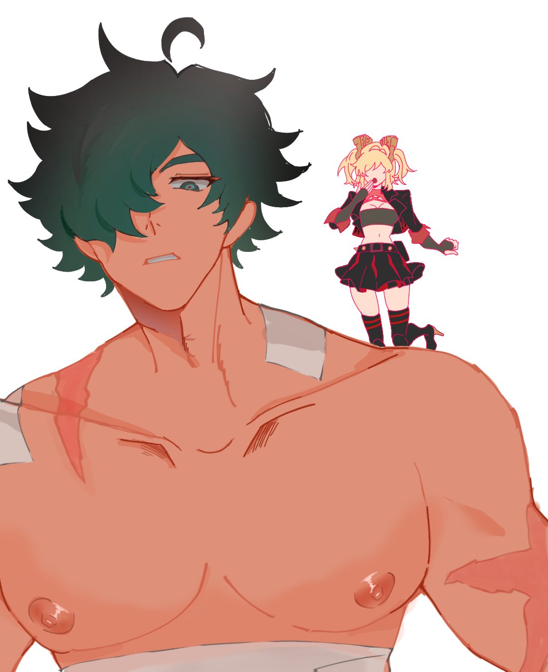 the artwork depicts a large, muscular man with teal hair and several bandages on his shoulders and chest. he has a somewhat stern expression.  atop his shoulder stands a much smaller, energeticlooking female character with blonde pigtails, wearing a dark, revealing outfit accented with red. she is in a dynamic pose, seemingly singing or performing.  the contrast in size and demeanor between the two characters is striking, creating a visually interesting juxtaposition. the art style is reminiscent of anime or manga, with soft shading and a focus on expressive lines.