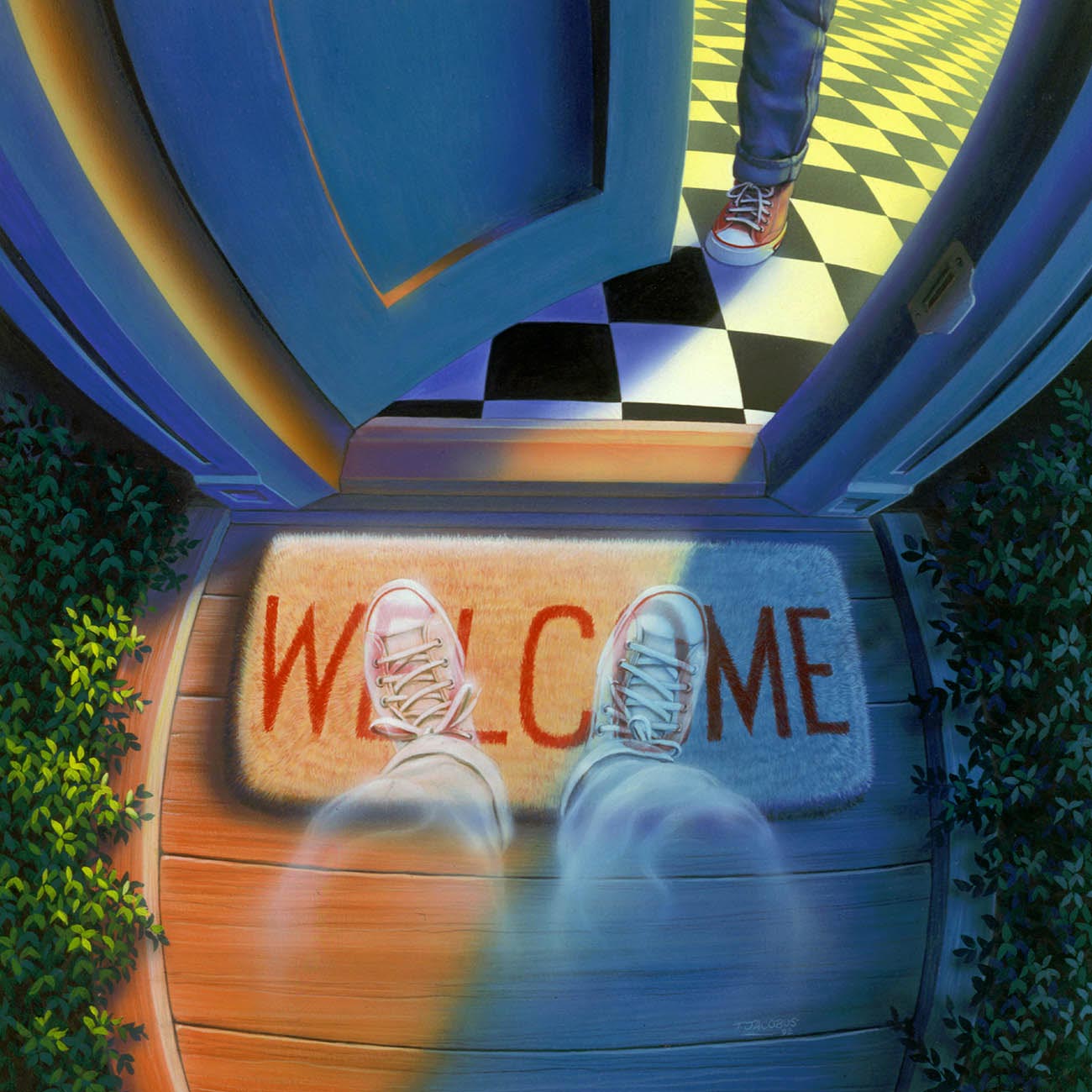 the image is a vibrant, almost surreal illustration showcasing a fisheye perspective of someone entering a home.  the viewer's perspective is from the feet looking up.  the person's feet, clad in pink sneakers, are positioned on a welcome mat with the word "welcome" prominently displayed. the doorway is a rich blue, partially open, revealing a black and white checkered floor beyond.  the lighting suggests dusk or evening, with warm light spilling onto the mat and contrasting with the cooler tones of the doorway and surrounding shrubbery. the overall mood is welcoming and slightly magical due to the artistic style and perspective.