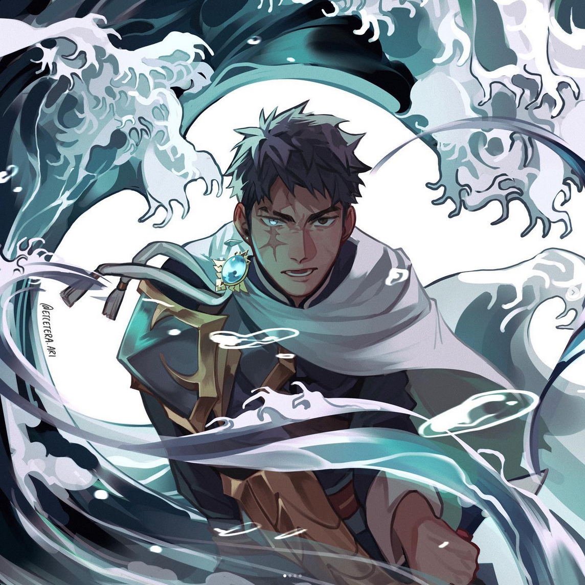 a digital illustration of a young man with short dark hair and a scar over his left eye. he is surrounded by stylized, swirling waves of water in shades of turquoise and teal, suggesting he possesses water magic. he wears a dark outfit accented with white, resembling a stylized uniform or battle attire, and a flowing white cape billows behind him. a teal gem is prominent on his chest. the overall style is reminiscent of anime or manga.  the image employs dynamic lighting, highlighting the subject and water effects. the frontal perspective draws attention to the character and his confident expression.