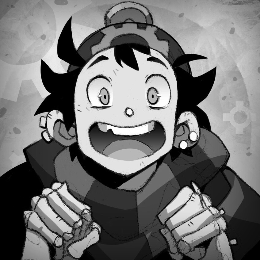 a black and white illustration of a young man with an excited expression. he has dark spiky hair, a cap with a gear design, and multiple earrings. his most striking feature is his robotic hands, which are skeletal in appearance.  the background is abstract with hints of gears, further suggesting a mechanic or steampunk theme.