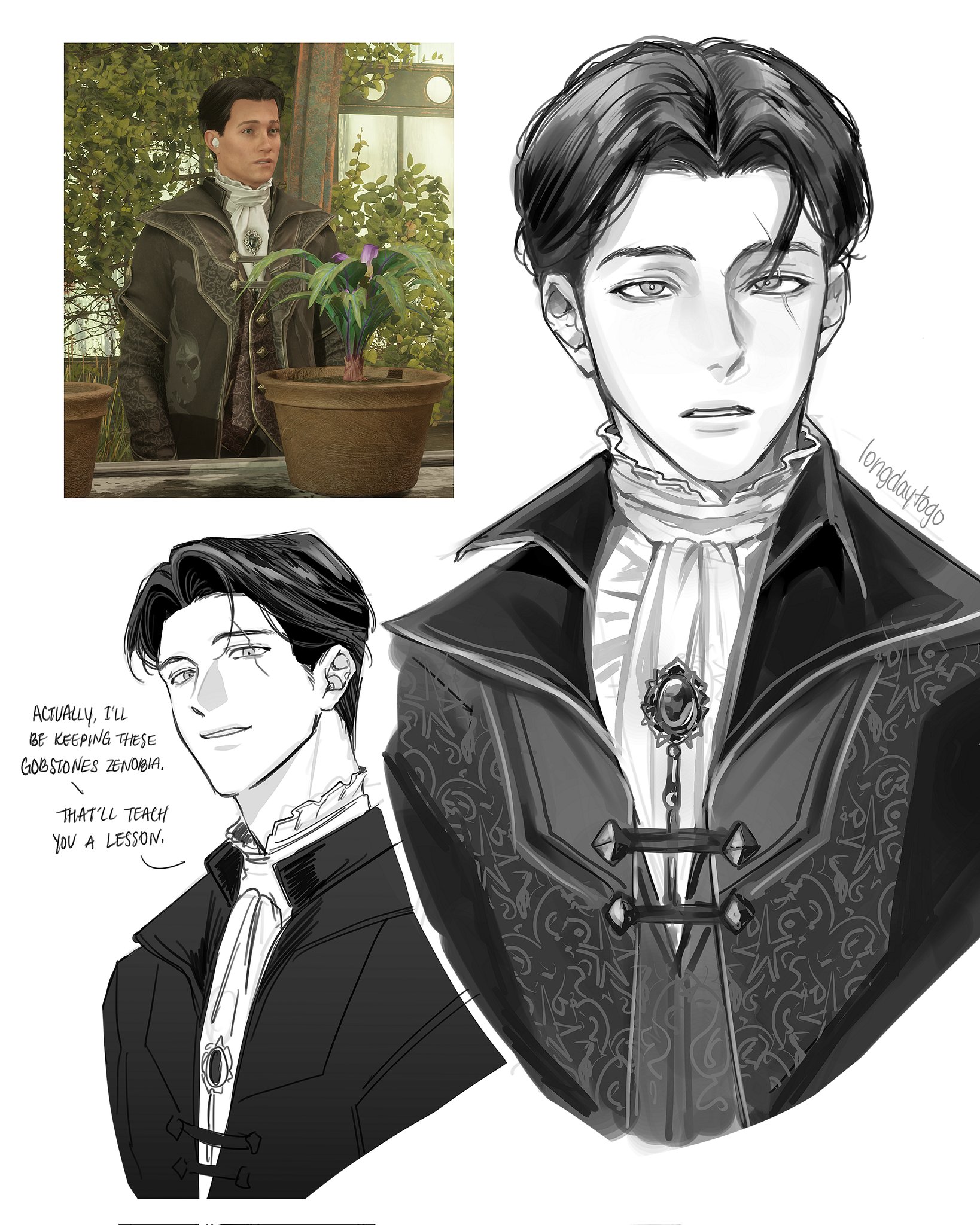 the image is a digital fanart featuring a male character in a gothic or victorianstyle outfit. the art style is a blend of sketching and rendering, predominantly in black and white. it shows three versions of the same character. the top left shows a smaller, colored image of the character taken from a video game. the top right shows a more detailed and stylized drawing of the character, showcasing his attire and facial features. the bottom left displays a slightly different pose of the character, closer to a head and shoulders portrait, with speech bubbles suggesting dialogue. the image heavily references the game dishonored,  specifically mentioning "gobstones zenobia" in the dialogue, suggesting that this is fan art inspired by the game. the overall tone is dark and elegant.