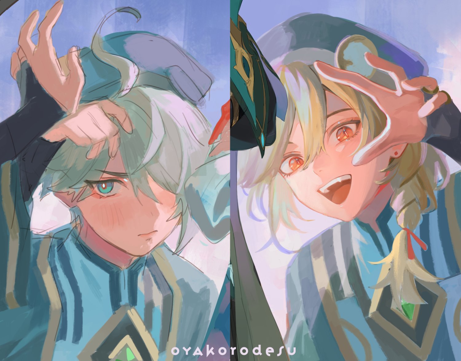 two anime boys are shown sidebyside in the image. one has blue hair and blue eyes, the other has blond hair and red eyes. they are both smiling and are dressed in blue and green outfits.