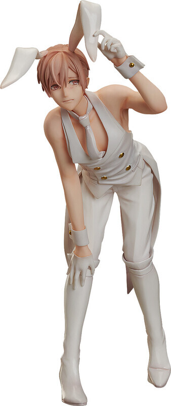he image shows a detailed closeup of an anime figurine of a young man dressed in a white bunny costume. the costume includes a tuxedostyle waistcoat and tall boots. he has light pink hair and is in a playful pose.