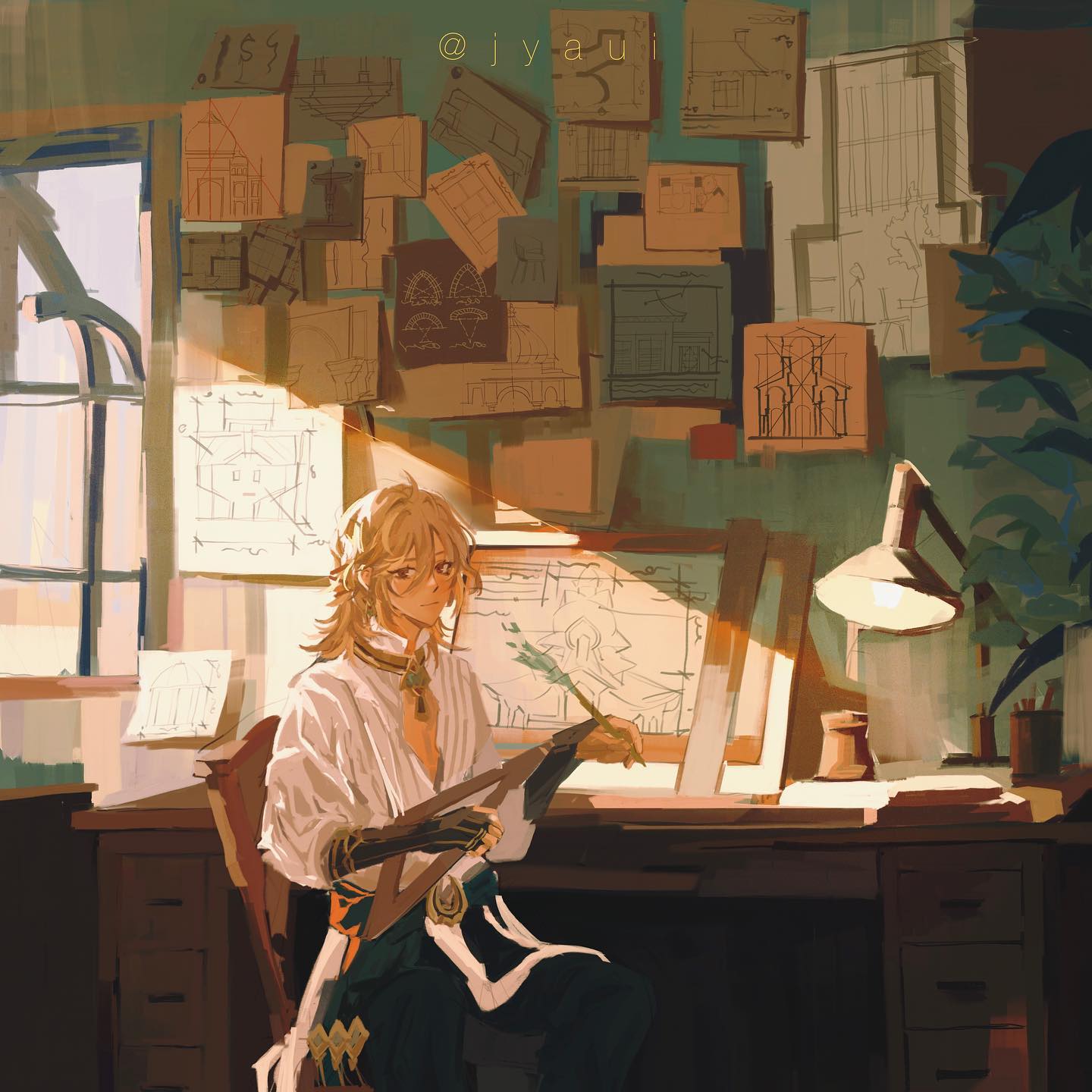 he image shows a digital painting of a young man with blond hair, dressed in a white shirt and dark pants, sitting at a desk in a sunlit room.  he's working on architectural blueprints, spread out on the desk along with other papers and tools. the walls of the room are covered in various architectural drawings and sketches. a lamp sits on the desk, casting a warm light.  the overall style is soft and whimsical, reminiscent of anime or manga artwork.  the character's pose and the details in the room suggest a creative, focused atmosphere, possibly depicting an architect or artist at work.  the artwork has a warm, inviting feel due to the lighting and color palette.