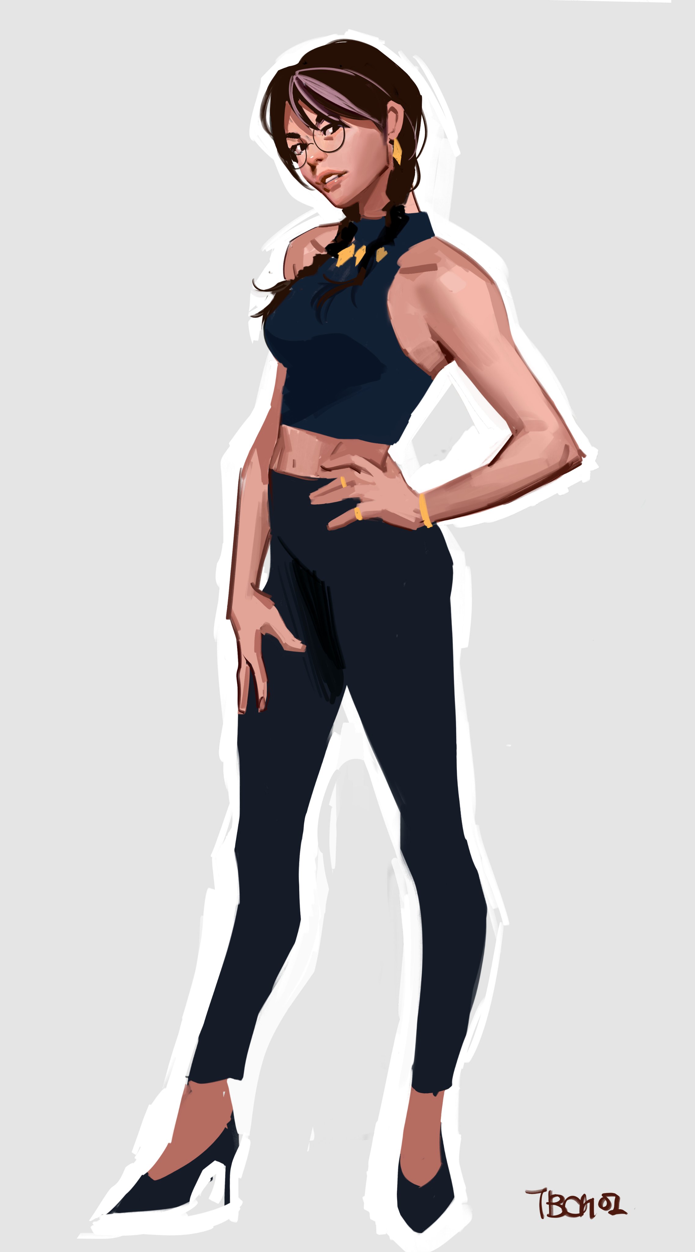 the image is a digital painting or illustration of a stylish young woman. she has dark brown hair, glasses, and is wearing a dark blue crop top and black leggings.  she's accessorized with gold jewelry including a necklace and earrings.  she is posing confidently, with her hand on her hip, and wearing high heels. the style is modern and trendy, with a slightly stylized, painterly aesthetic. the background is a simple, light grey. the artist's signature appears in the bottom right corner.