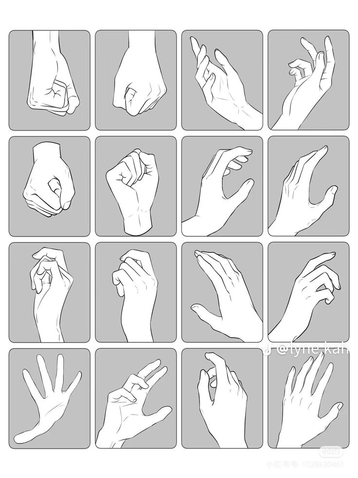 the image shows a collection of various hand poses illustrated in a grid format. each pose demonstrates different hand gestures and positions, potentially serving as a reference for artists studying anatomy or practicing drawing hands. the style is linework, with shading to suggest depth and form. the artist's signature appears in one of the squares.