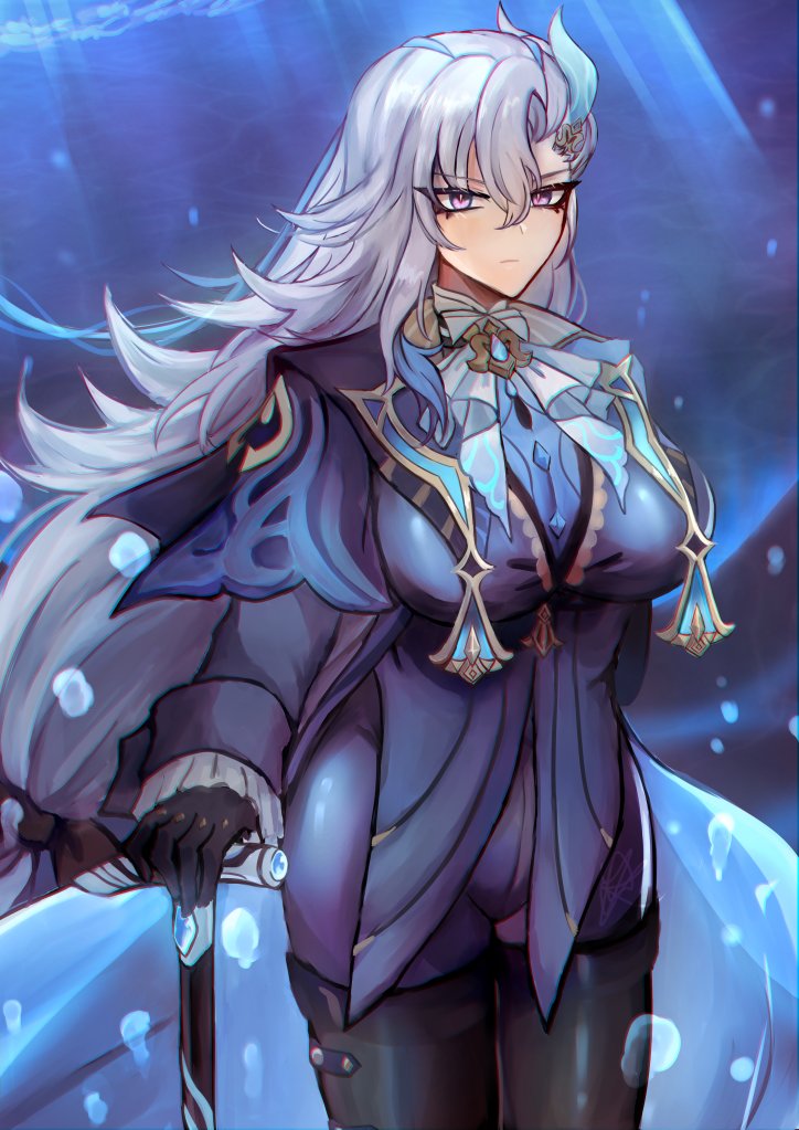 an anime illustration of a young woman with long white hair, blue eyes, and a powerful expression. she is wearing a purple and blue outfit and stands against a blue background with light shimmering around her. she looks powerful and mysterious.