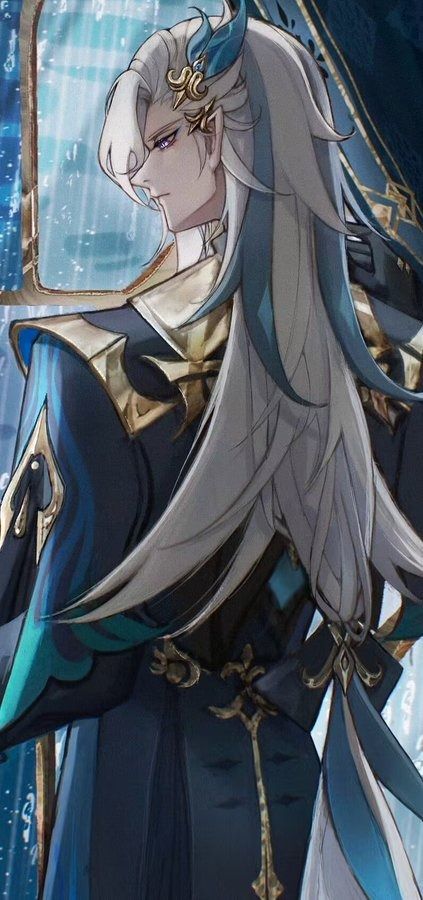 this is a detailed digital painting or illustration of kamisato ayato from the popular video game genshin impact.  the artwork is in an anime/manga style. ayato is depicted from behind and slightly to the side, showcasing his long, flowing white and blue hair adorned with gold ornaments. he's wearing an elegant, dark blue and teal outfit with gold detailing, emphasizing his refined and graceful appearance. the background suggests a watery or ethereal setting. the overall mood is serious and somewhat melancholic. the artist has paid close attention to detail in his clothing, hair, and expression.