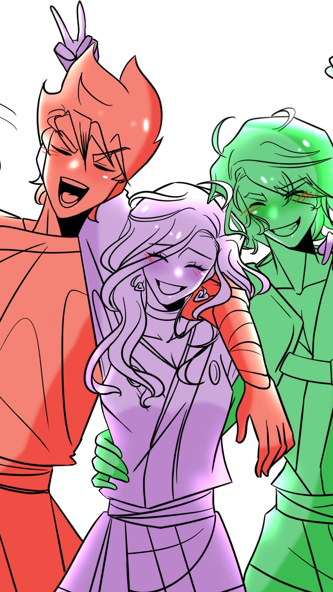 the image is a digital drawing in an anime/manga style. it depicts three cheerful girls, each with distinct hair colors (red, green, and purple), hugging each other closely. the girl with red hair is making a peace sign with one hand. their outfits are simple, stylized garments in matching pastel shades to their hair. the art style is vibrant and expressive, emphasizing the happiness and friendship between the characters through their smiles and body language.  the lines are clean and the coloring is flat, characteristic of a cartoon aesthetic.