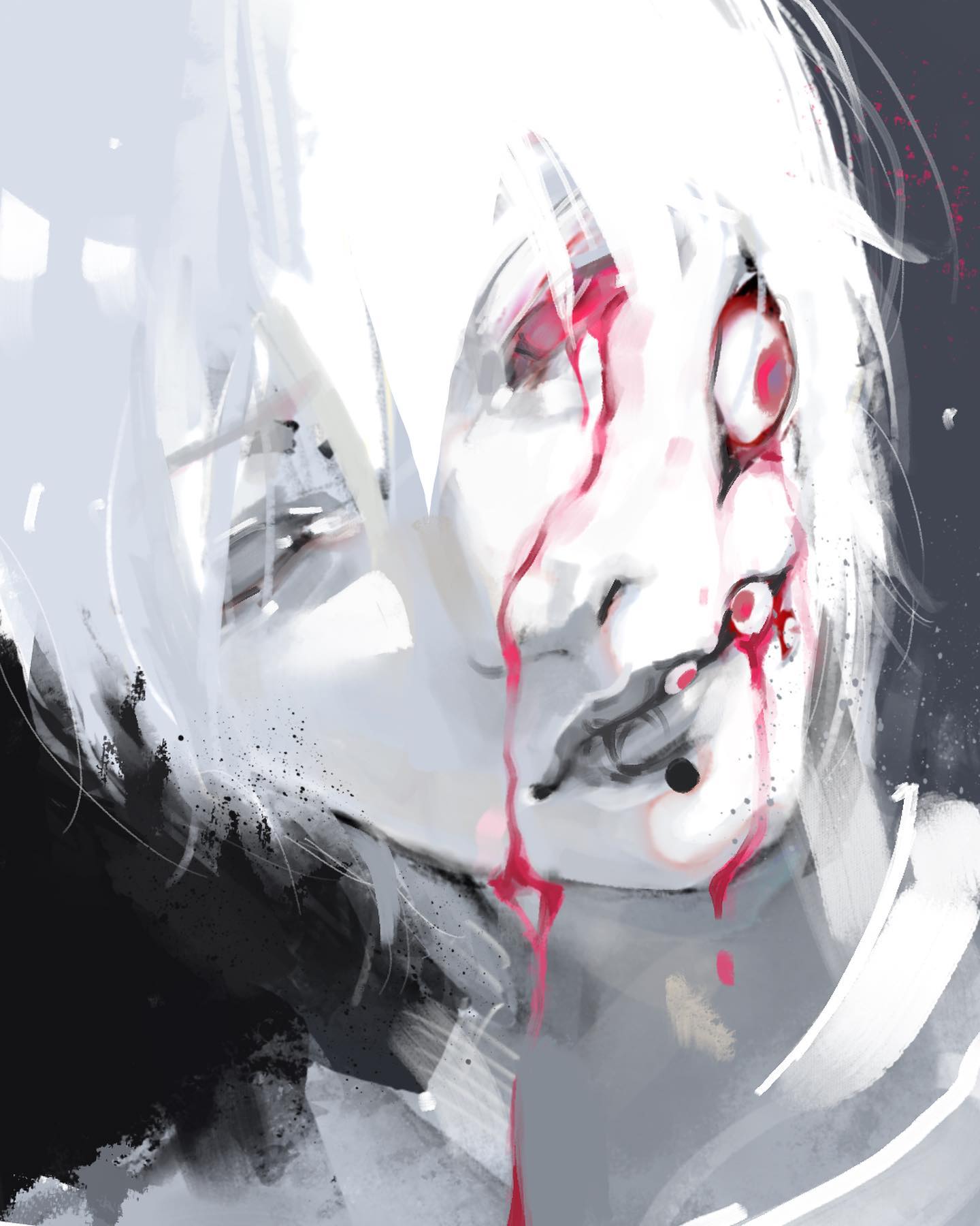 a stylized portrait of a young man with white hair, depicted in a semiabstract, painterly style. his right eye is grotesquely enlarged and protruding, with a smaller eye emerging from within it.  blood drips down the right side of his face, adding to the unsettling and disturbing nature of the image.