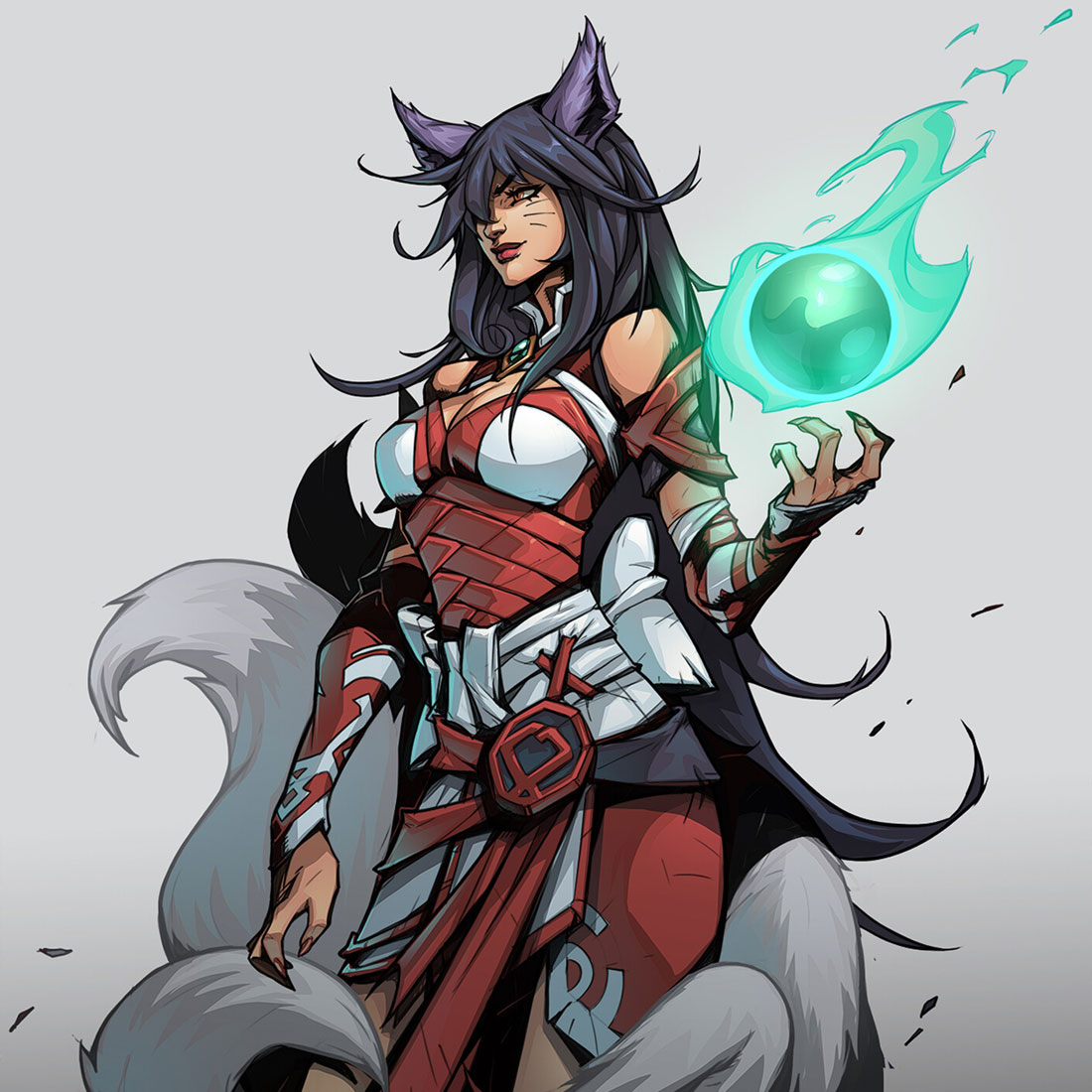 an anime style illustration of a foxlike woman warrior in a red and white outfit holding a green energy ball in her hand, with her fur flowing behind her. the background is a light gray color. the image is a digital drawing.