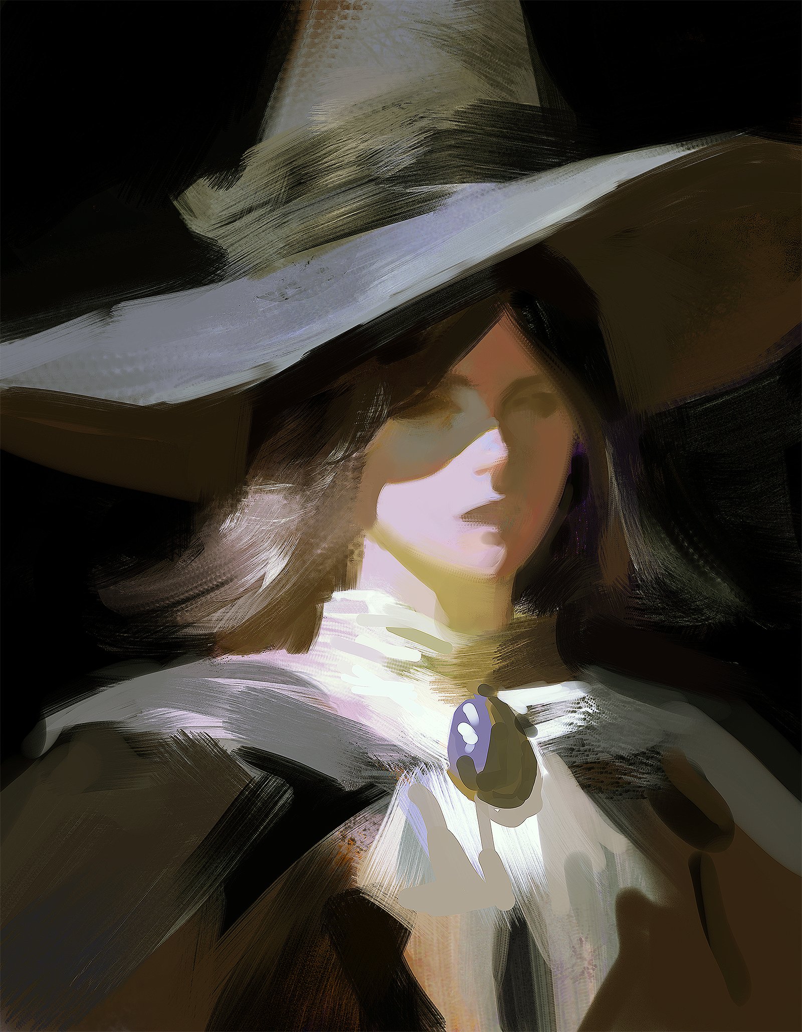 a painting of a woman wearing a witch's hat, with her face partially obscured by the shadows cast by the hat's brim. she has dark hair and a serious expression. the painting is done in a loose, impressionistic style with visible brushstrokes. the background is a dark, shadowy color.