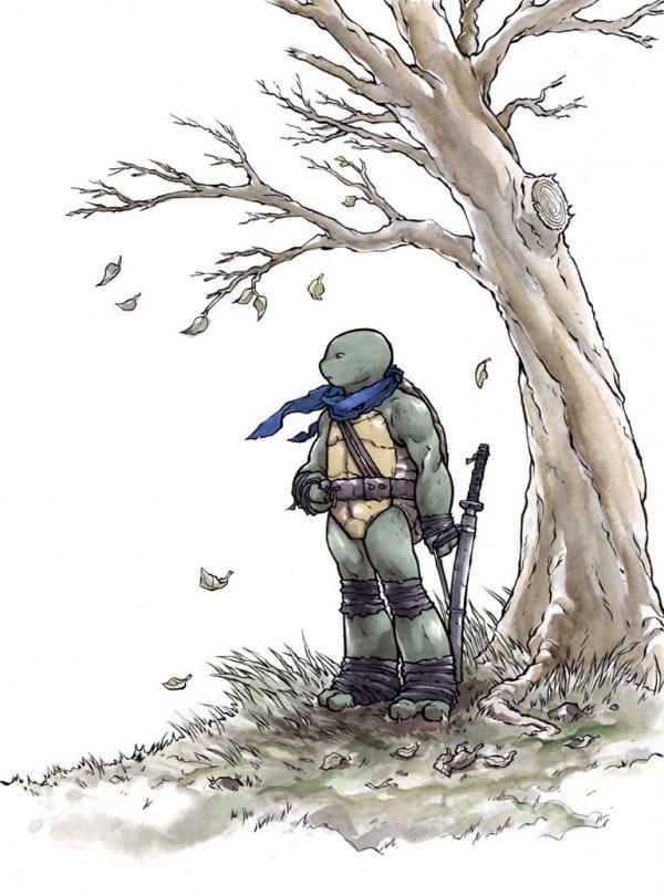 this is a drawing of a teenage mutant ninja turtle standing under a tree. the turtle is wearing his signature blue bandana and carrying his katanas. he is standing on grass, surrounded by leaves. there are a few fallen leaves in the air. the image is a cartoon drawing, done in a style that is reminiscent of comic book art.  it appears to be a scene from a comic book.