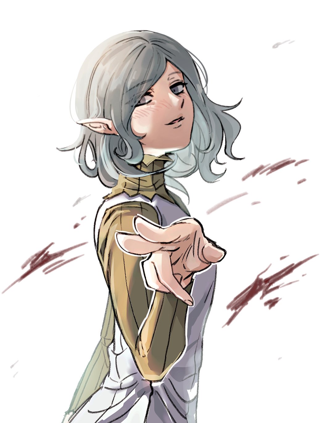 the image is a digital drawing or illustration in an anime/manga style. it depicts a young woman or girl with elflike pointed ears, light gray wavy hair, and a slight blush on her cheeks. she's smiling and extending a hand, as if beckoning or inviting someone closer.  she wears lightcolored clothing, mostly shades of beige and white, which appears casual and comfortable. the background is predominantly white with some stylized blood splatters adding a slightly dramatic or actionoriented touch to the otherwise peaceful scene. the overall style is soft and slightly sketchy, with visible brushstrokes and a focus on character expression.