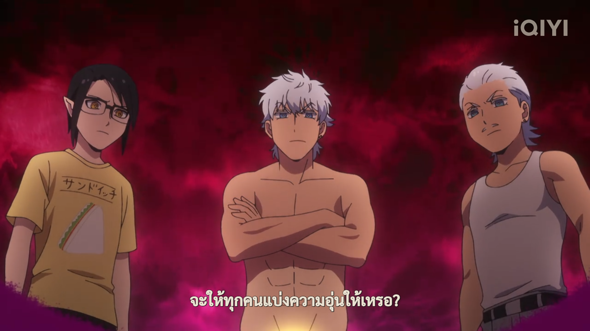the image showcases three animestyle young men against a vibrant red, almost bloodlike background. the central figure, shirtless and muscular, stands with arms crossed and a serious expression. he is flanked by two companions, one wearing glasses and a graphic tee, the other in a white tank top. they are lit dramatically from below, casting their faces in shadow and highlighting their determined stances. the overall atmosphere is one of tension and impending confrontation.