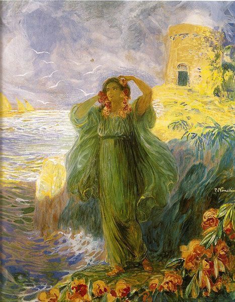 a woman in a flowing green dress stands on a rocky shore, her back turned to the viewer, looking out over a vast ocean. the sea is a deep blue, with a few white sails visible in the distance. the sky is cloudy and a soft pink and yellow. on the shore, there is a small tower made of brown stone, surrounded by a lush, green, floral landscape.  this landscape is awash in shades of yellows, oranges, and reds, giving the painting a vibrant and somewhat ethereal feel.  the woman's body language and the overall impression of the painting suggest a sense of solitude and contemplation.