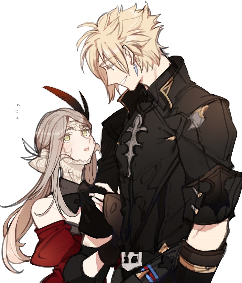 this is a digital illustration of a couple, an anime male with blond hair and a black jacket, standing on the right side of the image and an anime female with black hair and a red top standing on the left side of the image.  the male is looking down at the female and smiling slightly. the female is looking up at the male, and her face is slightly red. there is a faint outline of a pink blush on her cheeks. the image is set against a white background.