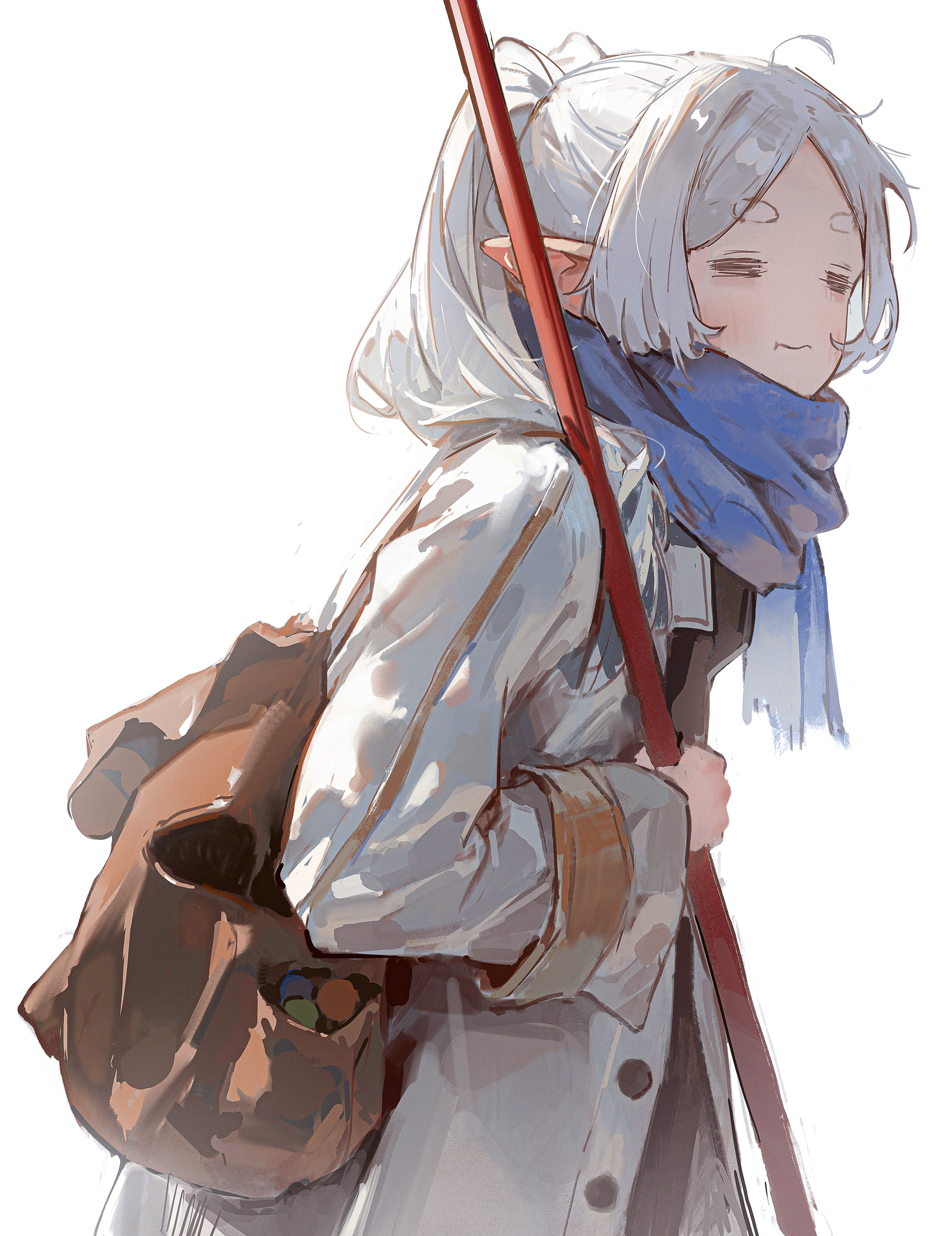 this animestyle illustration depicts a young girl with white hair, wearing a long coat and a blue scarf. she carries a brown bag on her back and holds a red staff in her right hand. her hair is tied up in a ponytail, and her eyes are closed. she is looking down. the background is a white, minimalist background. the image is rendered in a soft, colorful style. the focus is on the girl, and the background is kept simple so as not to distract from her.