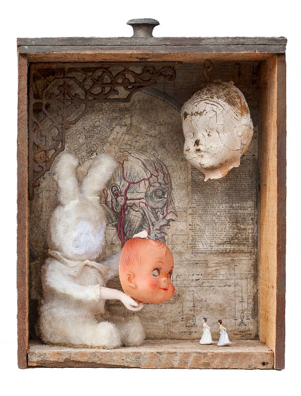 the image is an assemblage art piece inside a wooden box. the box contains a white stuffed bunny holding a pink doll head. behind the bunny and doll head is a vintage drawing that appears to be an anatomical illustration of the human head. above the bunny is a hanging cracked white doll head. in the bottom corner are two miniature figures of women in white dresses. the overall tone is eerie and unsettling.