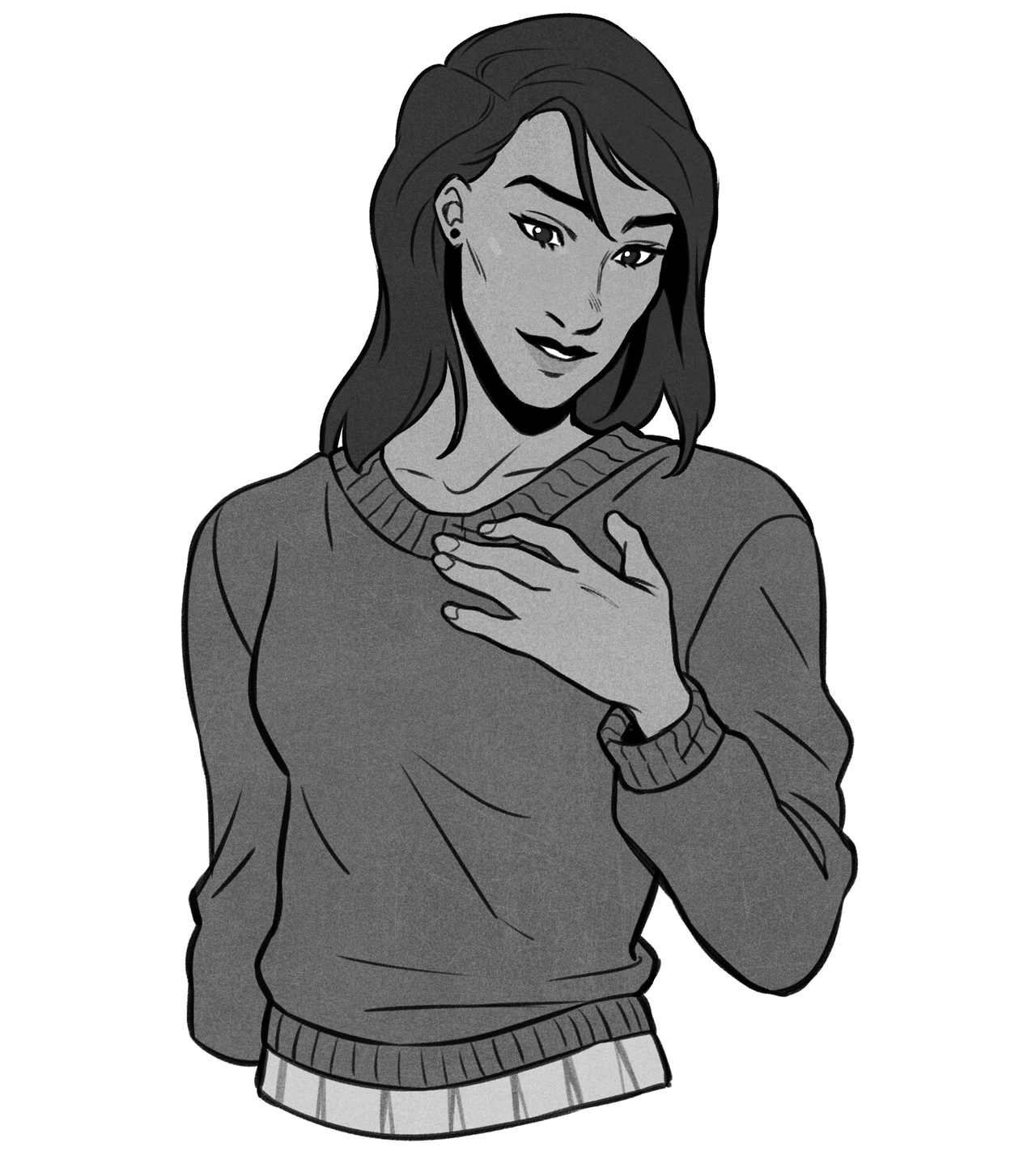 the image is a black and white illustration of a woman with shoulderlength dark hair. she is wearing a sweater and a skirt, and her hand is resting on her chest. she has a slight smile on her face and appears to be content. the illustration is drawn in a comic book style with bold lines and shading.
