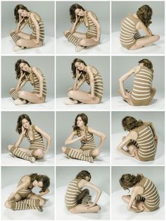 a collage featuring a woman in a tan, onepiece bodysuit striking various poses against a light gray backdrop in a studio setting. the woman is positioned in different seated and crouching positions, showcasing a range of body movements. her poses appear elegant and somewhat contorted. the lighting is soft and diffused, casting minimal shadows.  the overall aesthetic is minimalist and focuses on the female form and the fluidity of movement.