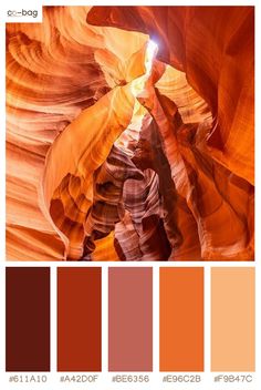 a closeup shot of a narrow canyon in arizona, with orange, red, and brown rock formations. sunlight streams through the canyon, illuminating the intricate patterns and textures of the sandstone. the image evokes a sense of wonder and awe at the beauty of nature.  a color palette is included at the bottom, showing 5 different shades of orange and red, representing the dominant colors of the scene.