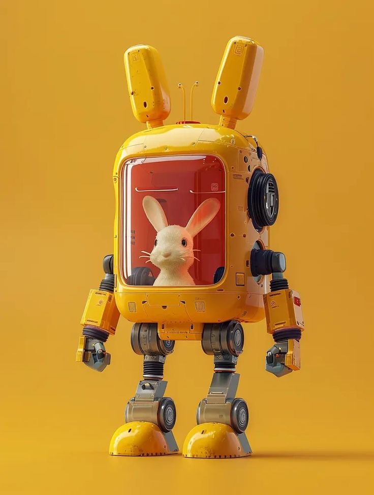 this is a 3d render of a cute cartoon robot. it is yellow,  with a bunny inside a glasslike window on its chest. the robot has arms with hands, legs with feet, and antennas on its head. it's standing on a yellow background.