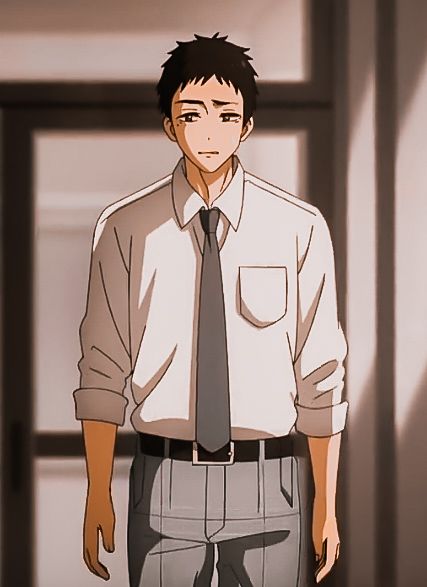 an animestyle drawing of a young man with short dark hair and brown eyes. he is wearing a white buttondown shirt, a dark gray tie, and gray dress pants with a black belt. he has a wistful expression on his face as if he is lost in thought. the background is a blurred hallway, suggesting an office or school setting. the overall tone of the image is warm and inviting.