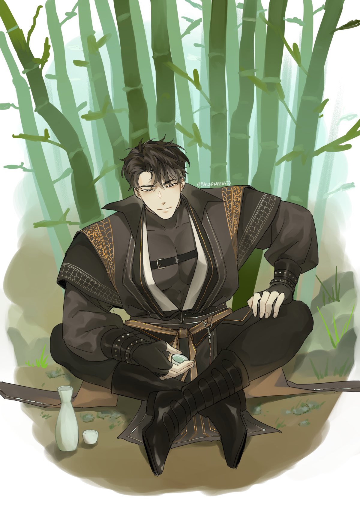 this is a digital illustration of an anime man. he has black hair and is wearing a black and gold outfit with a sword at his side. he is sitting cross legged on the ground in a forest of bamboo. he has a cup and bottle of drink next to him.