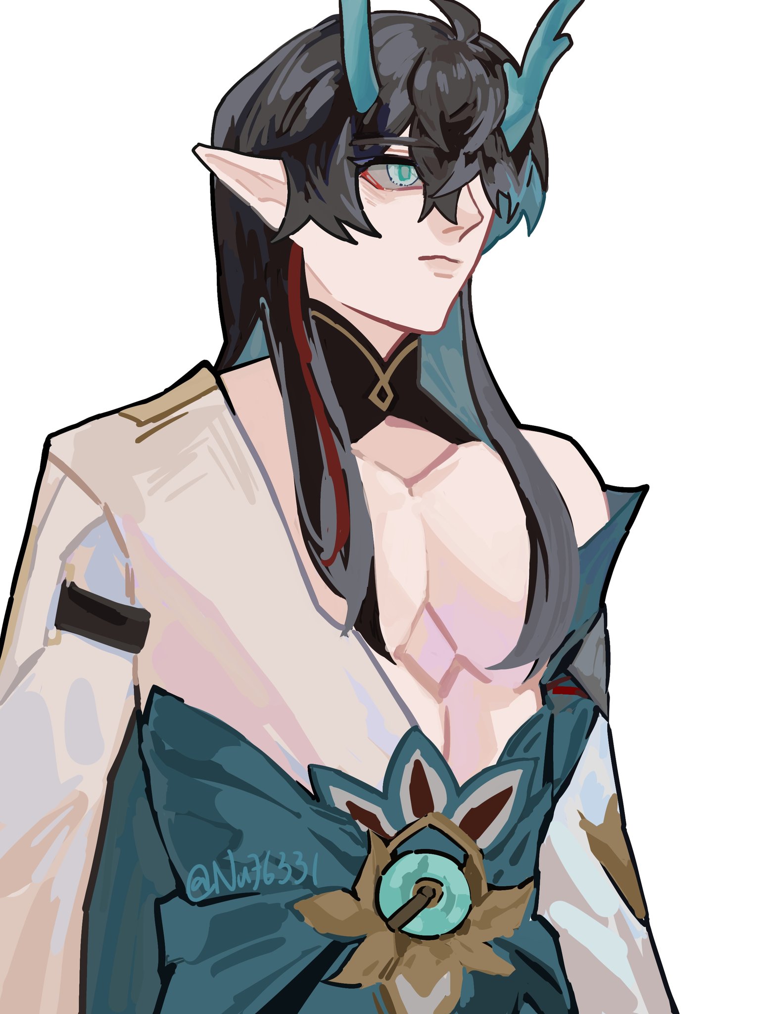 a digitally drawn illustration of a male anime character. the character has long, dark blue hair, horns, and blue eyes. he wears a long, flowing, white and teal robe with a delicate design. the character is looking off to the side, and his expression is serious and thoughtful. the background is white.