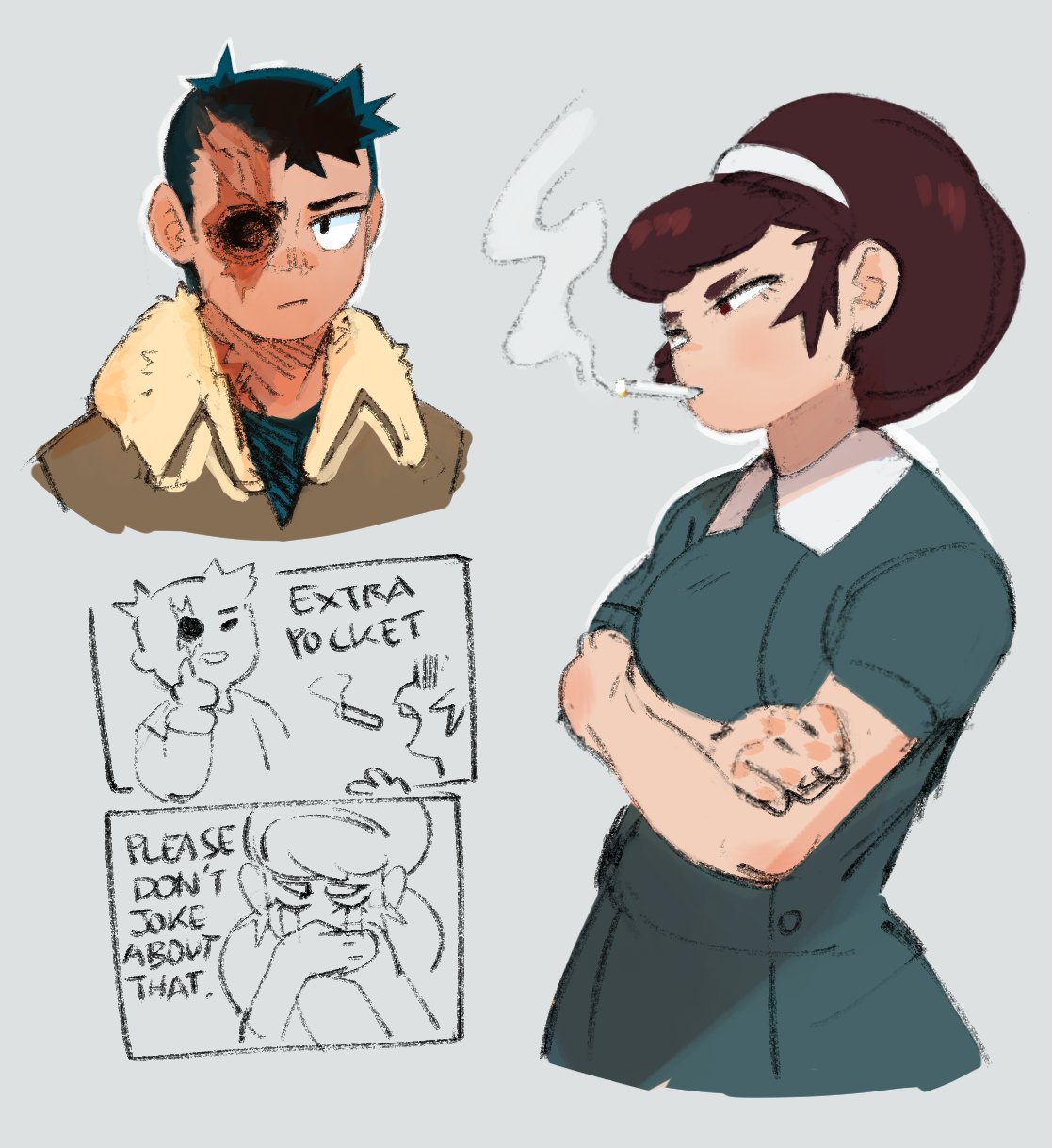 the image is a cartoon drawing of a woman with her arms crossed and a cigarette in her mouth. she is looking to the right. in the background is a man with his face bandaged. there are also some comic panels showing other characters in the background. the art style is cartoonish and the image has a black and white color scheme.