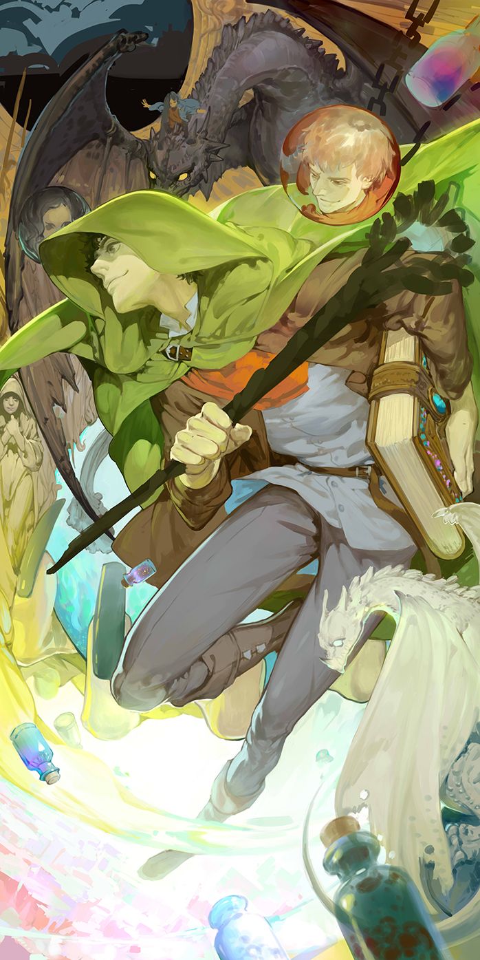 an intricate fantasy illustration featuring a central wizardlike figure in medieval attire. he is cloaked in a green hooded cape and carries a wooden staff and a spellbook. in the background, a large, menacing black dragon looms, while a smaller white dragon swirls near the bottom. the scene is filled with floating potions and orbs, adding to the magical atmosphere. the wizard is surrounded by other figures and there are elements of light and color throughout.
