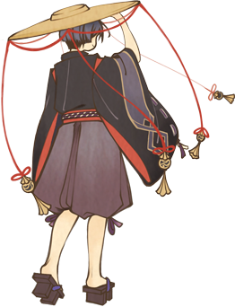 a young anime boy wearing a traditional japanese kimono, straw hat, and geta sandals. he is holding red strings tied to his hat, and he is smiling. the artwork is stylized and has a soft color palette.