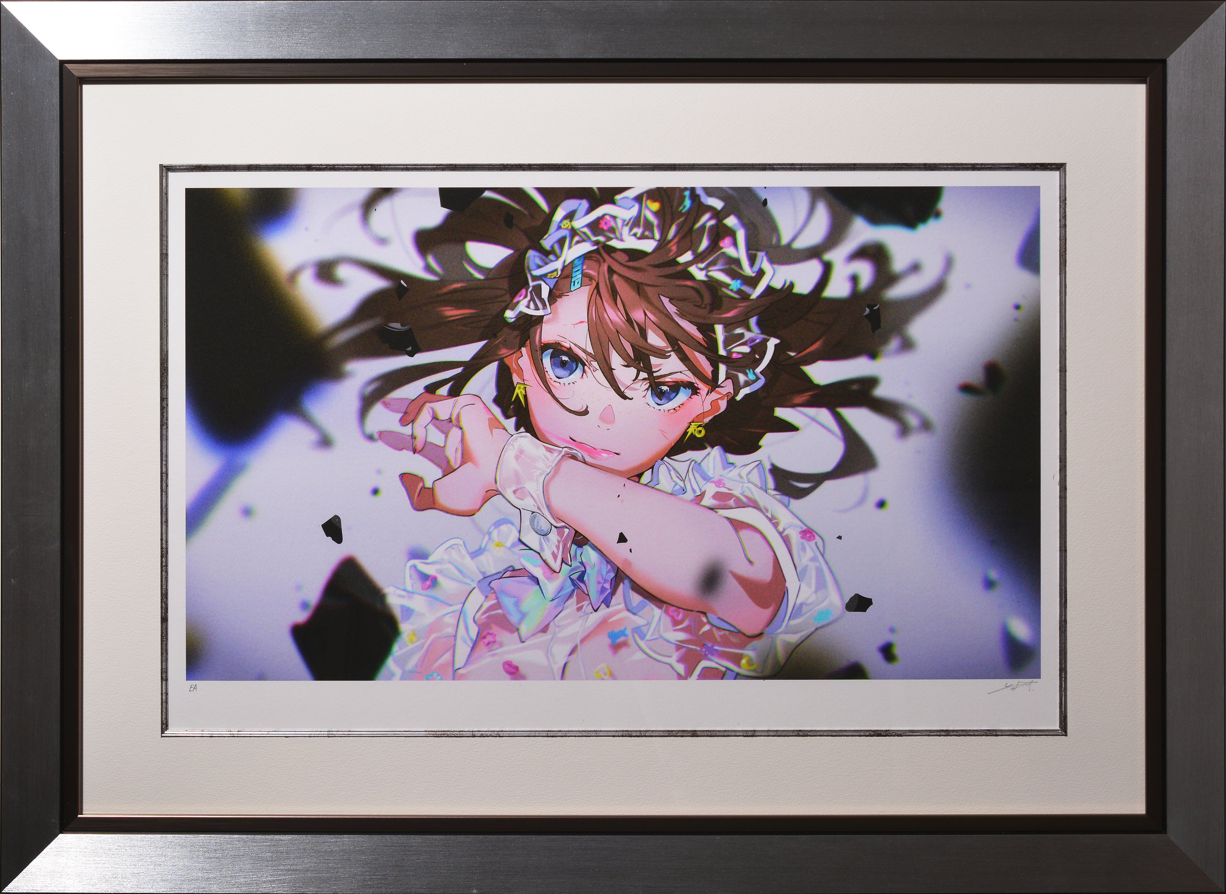 a framed animestyle illustration of a girl with brown hair and blue eyes.  she is wearing a frilly white shirt and has a determined expression.  the background is abstract and dark.