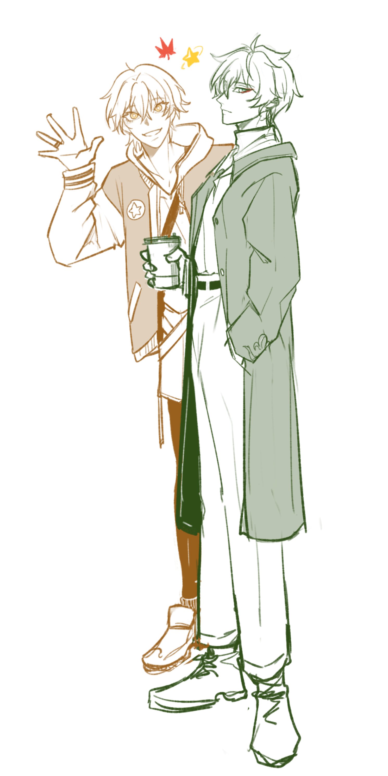 two men are standing sidebyside, one with a coffee cup in hand and smiling, the other with a neutral expression. the men are dressed in casual attire, including a sweater, jacket, and coat, and the image appears to be set in the fall season, with falling leaves depicted. the artwork is a handdrawn sketch with a digital art style.