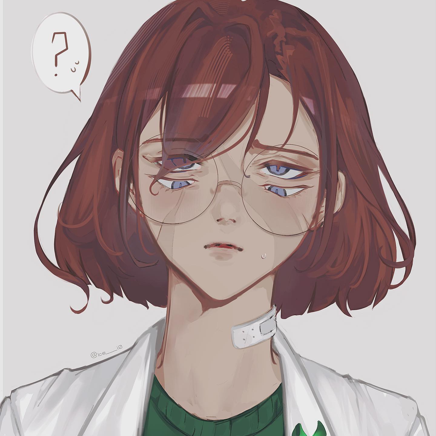 an animestyle illustration of a girl with red hair and glasses, wearing a white coat and a headband. she has four eyes that are wide open and she is crying. she looks very sad. the drawing is in a digital style and has a soft, dreamy feel.