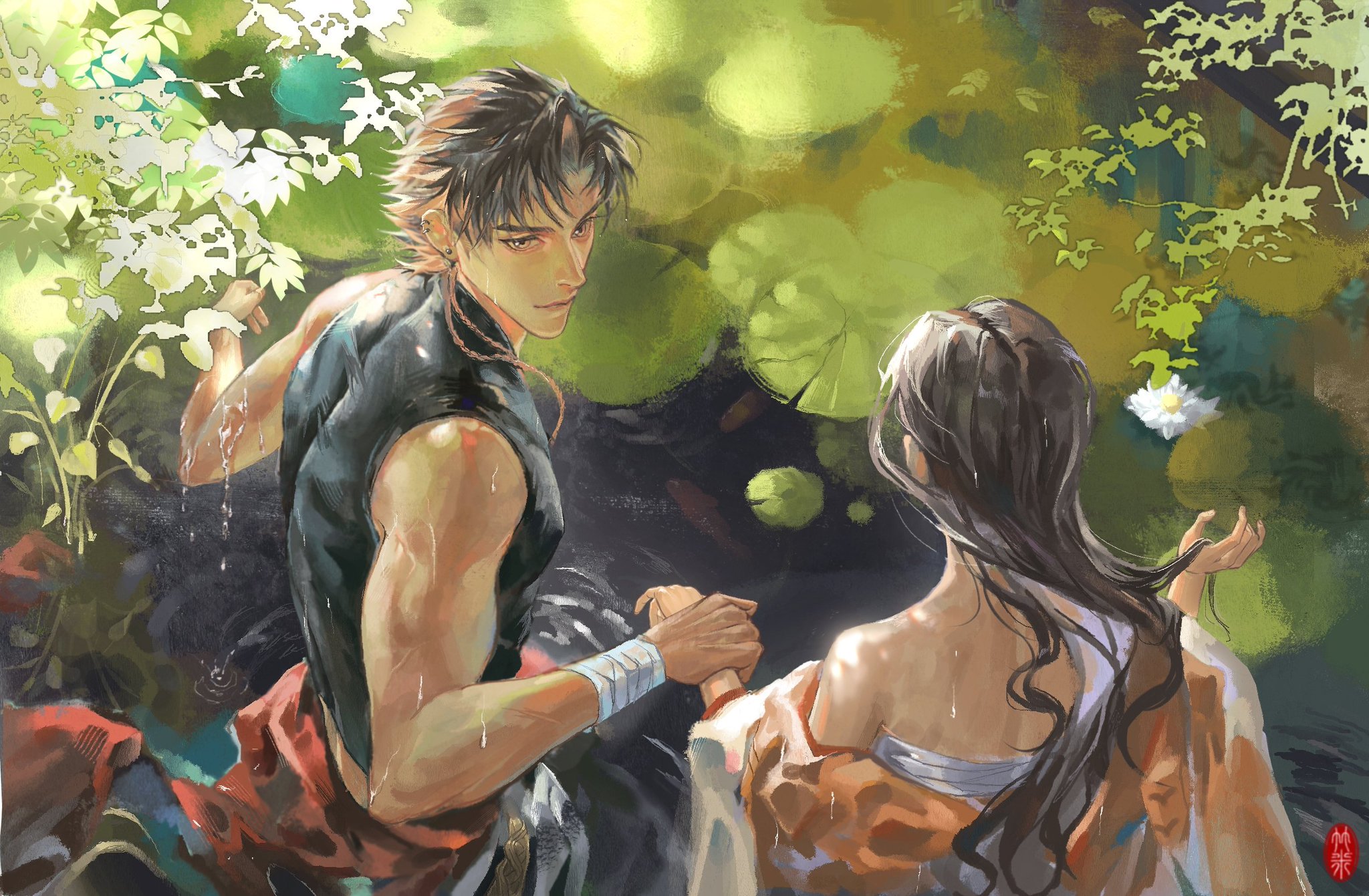 an anime style digital painting of a man and a woman standing in a pond with lily pads. the man, with short black hair, is wearing black clothes and holding the woman's hand. the woman has long dark hair and is wearing white and orange clothing. both characters have a romantic expression. the painting is done in a soft, colorful style with a light and airy feel. the background is a lush green pond with lily pads and flowers.