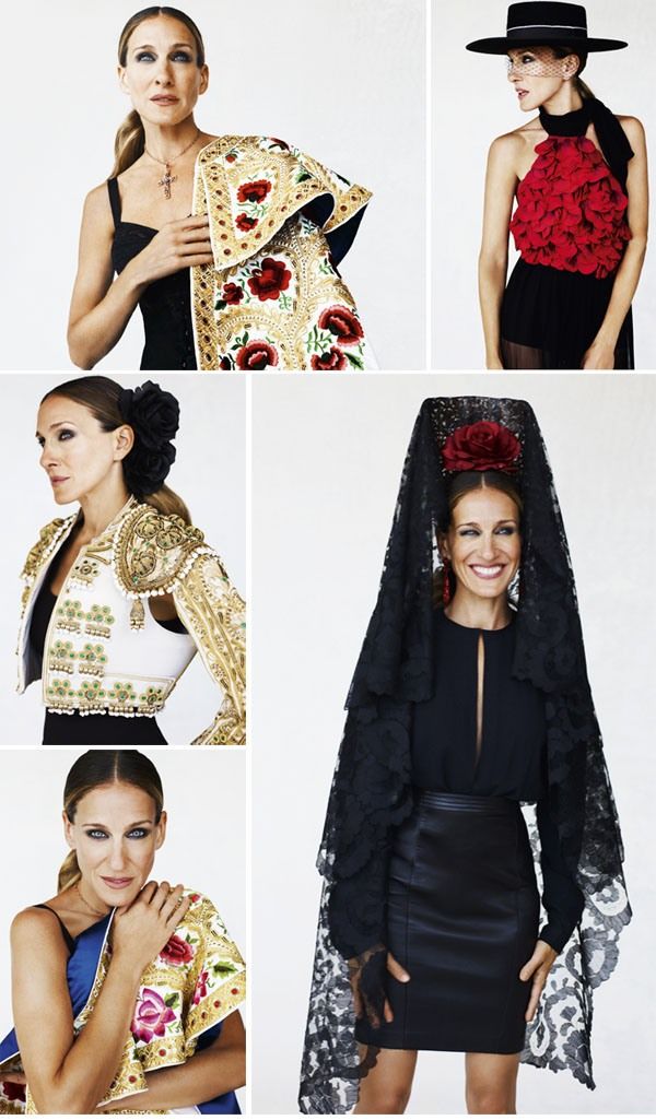 a collage of five images featuring sarah jessica parker in various spanishinspired outfits. these include a bullfighting costume, a mantilla with a rose, and a black dress with red floral embellishments. the outfits have detailed embroidery and lace.