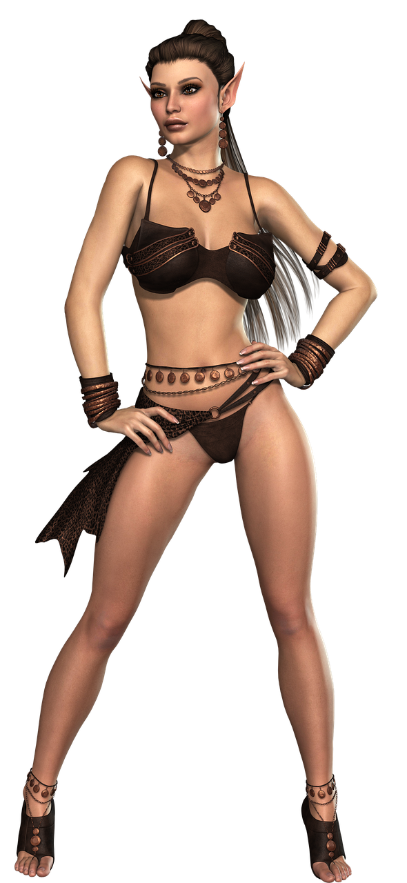 a fullbody digital painting of a darkskinned elf woman with long dark hair, wearing a brown bikini and matching jewelry, standing confidently with hands on her hips against a black background. the elf has pointed ears, and her pose conveys a sense of power and allure.