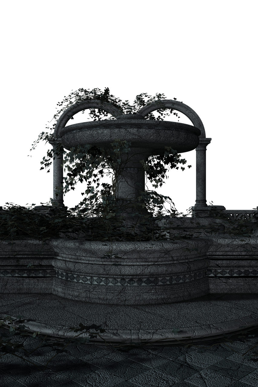 the image shows an old, weathered stone fountain in a dark, possibly nighttime setting. ivy and other plants grow around the fountain, which features an archlike structure. the architecture appears ancient and possibly ruined, suggesting it is located in a garden or outdoor setting.