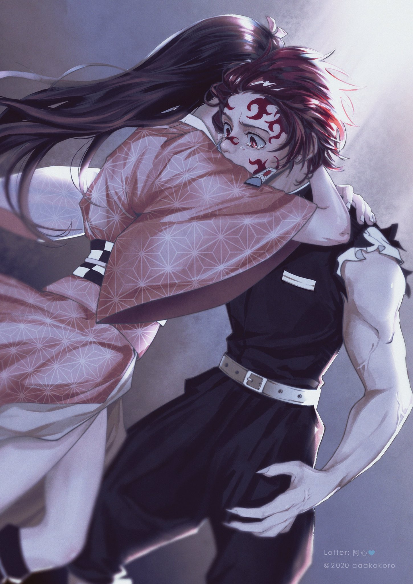 the image features two anime characters in a tight embrace. the male character, with red hair and a visible scar on his forehead, is being held by a female character with long black hair. they are both dressed in traditional japanese clothing, with the female in a pink kimono and the male in a black uniform. the lighting is dramatic, with a spotlight effect illuminating the characters from behind, casting them in a soft, ethereal glow. the background is nondescript, further emphasizing the emotional intensity of the embrace. the overall mood conveyed is one of love, sadness, and a sense of loss or longing.