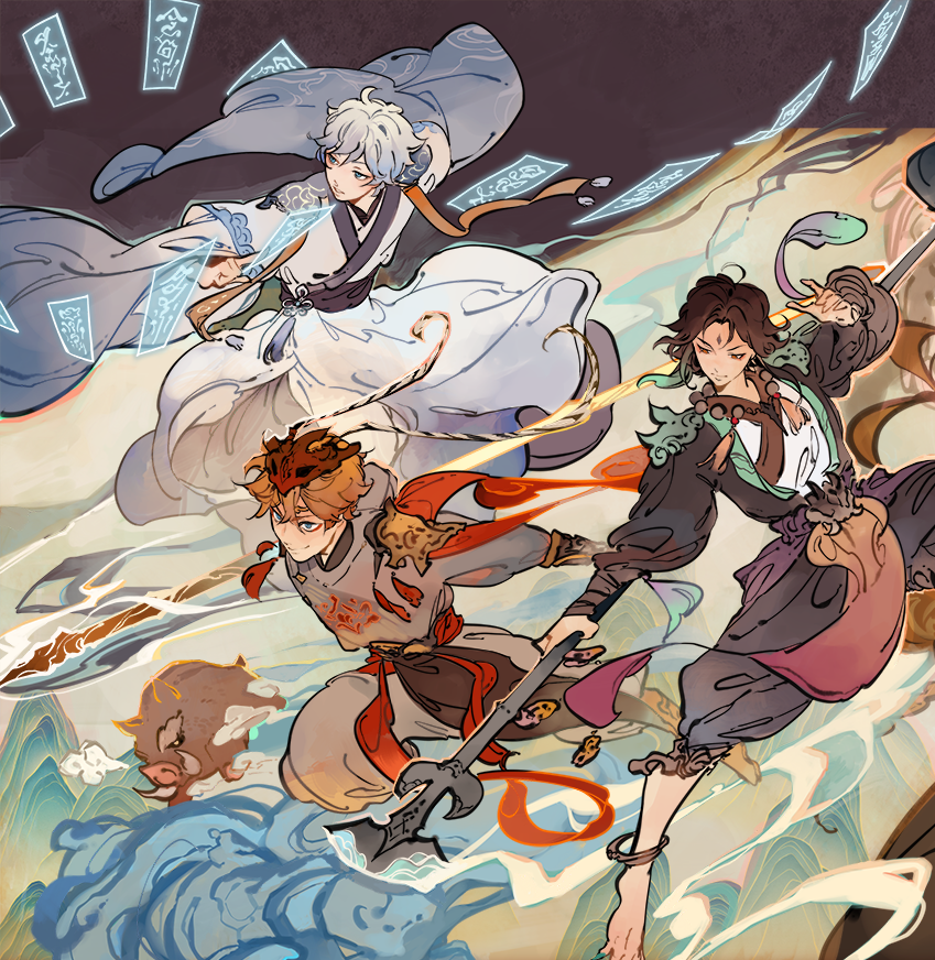 the image shows digital fan art of characters chongyun, tartaglia (childe), and xiao from the video game genshin impact. chongyun is in the upper left, wielding elemental cards, while tartaglia is in the center, wielding a weapon and wearing a mask. xiao is on the right, in an action pose with a spear. the background features stylized mountains and water, with dark tones above and brighter tones below, suggesting they are midbattle or demonstration of skills.